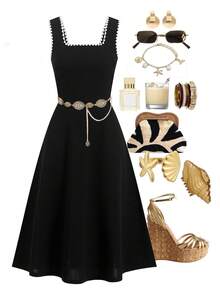 Ellevyn Contrast Trim Square Neck A-Line Waist Elegant Romantic Vacation Dress - Black - View 7