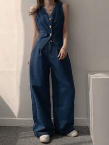 DAZY 女士V领无袖水洗衬衫和宽松牛仔裤套装 - 藍色 - 查看 1
