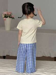 2件套女婴圆领字母印花短袖上衣和格子休闲裤家居服套装 - 杏色 - 查看 2