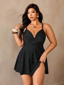 Auralis 大码女式纯色交叉设计时尚连体泳衣 - 黑色 - 查看 6