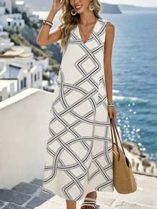 Breezaya 女士优雅休闲宽松V领印花连衣裙，适合春、夏、秋季穿着，通勤、日常生活、办公、度假、旅行皆宜。 - 黑與白 - 查看 2