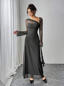 Women's Solid Color Ruched Waist Elegant Dress For Party And Occasion - Grey - View 6