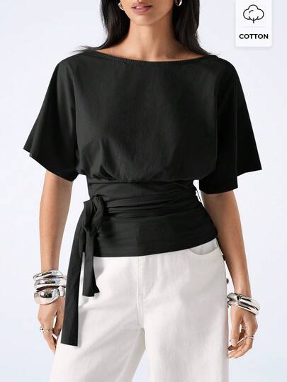 LYSMO 2026 New Minimalist Spring/Summer Women's Solid Color Knotted Waist Casual Versatile Everyday T-Shirt/Summer Top/Spring Women's Clothing/Spring Break/Women's Birthday/Outfit/Women's Outfit/Elegant Women's Shirt/Women's Casual Shirt/Women's Vacation/Summer Holiday/Women's Holiday/Y2K/2000s Style/Y2K Top/Black Top/Carnival/2026 Carnival Women's Look/Carnival Costume/Party Top/Women's Birthday