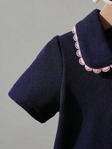 Souflis Souflis Baby Girl Lace Trim Polo Collar Short Sleeve Top, Spring/Summer - Navy Blue - View 3