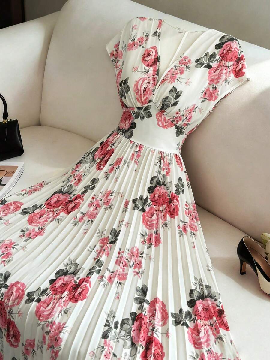 Elenzga Đầm chữ A xếp ly in hoa, cổ chữ V, tay cánh dơi, eo thon, thanh lịch dành cho nữ, thích hợp cho mùa xuân/hè. - Nhiều màu - Xem 1