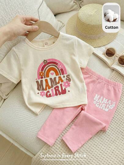 Cozy Pixies 2pcs Baby Girl Rainbow Pattern Knit Soft Crew Neck Short Sleeve Top And Elastic Waist Shorts Set
