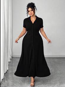 Elenzga Plus Size Women's Knit Short Sleeve Commuter Minimalist Polo Collar Waist Cinched Buttoned Design Brown Dress - Black - View 4
