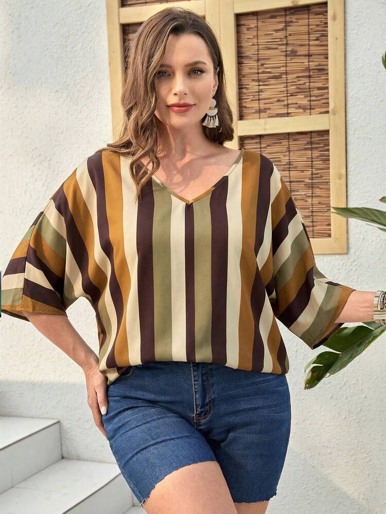 Plus Size Women Summer Casual Vacation Colorblock Striped Print V-Neck Batwing Sleeve Loose Blouse Summer Blouses For Women Batwing Sleeve Top Stripe Top Striped Blouse