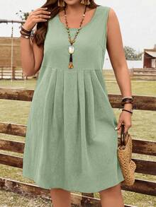 EMERY ROSE 大码女式纯色圆领褶皱休闲度假无袖连衣裙，适合夏季穿着 - 綠色 - 查看 6