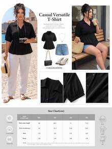 SHEIN CURVE+ 大码女式纯色简约时尚通勤收腰短袖衬衫，春夏款 - 黑色 - 查看 2