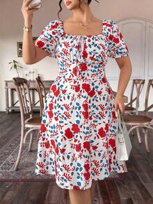 Elenzga 大码方领印花性感系带蝴蝶结泡泡袖收腰连衣裙 - 彩色 - 查看 3