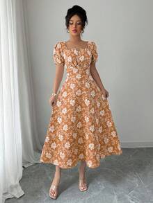Rafferiza Women's Floral Jacquard Petal Sleeve Waist Cinched Elegant Dress - Orange - View 3