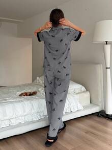 Napfluff Bộ đồ ngủ ngắn tay và quần kẻ sọc phối màu tương phản, cổ bẻ, cài cúc, thích hợp mặc ở nhà, thích hợp cho mùa xuân/hè, quần áo kẻ sọc đen, phù hợp mặc ở nhà. - màu đen - Xem 2