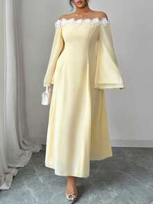 Feyla Große Größen Elegantes Kleid für Damen mit Blumenmuster, Off-shoulder und Glockenärmeln - Gänsegelb - Übersicht 8