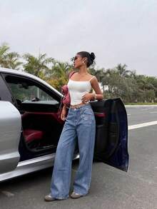 SHEIN ICON Women's Straight Loose Casual Versatile Jeans With Pockets - Blue - View 3