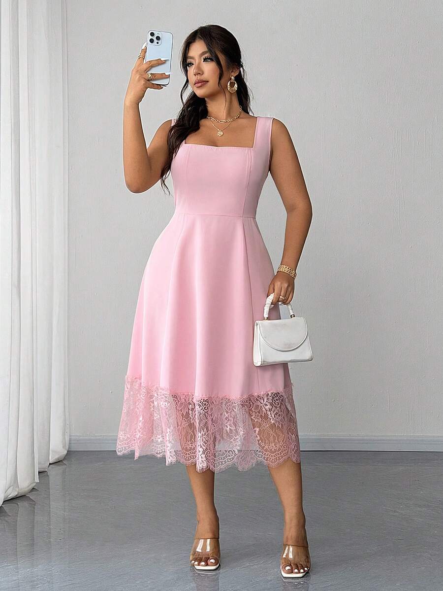 Elenzga Plus Size Women's Spring/Summer New Soft & Smooth Fabric Pink Square Neck Sleeveless Dress, Waist Lace Patchwork Midi Dress. Suitable For Daily Gathering, Sweet Date, Valentine's Day Afternoon Tea, Graduation Party, Beach Vacation, Travel, New Year Music Festival, Elegant Carnival, Romantic Wedding Season And Gentle Guest Attire: Sweet Elegant Style, Minimalist Fashion Plus Size Dress. - Pink - View 1