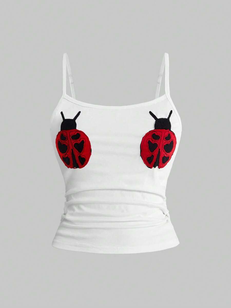 ROMWE Avant Women's Retro Casual Ladybug Embroidered All-Match Camisole - Dark Grey - View 1