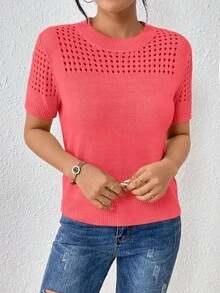 EMERY ROSE 女士圆领纯色短袖针织上衣，适合夏季和新年穿着 - 西瓜粉 - 查看 6