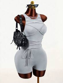 Mistrie Summer New Casual Street Tie-Up Sleeveless Slim Jumpsuit, Suitable For Yoga, Running, Women Tight Jumpsuit - Light Grey - View 6