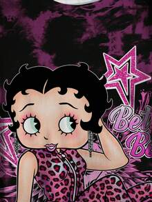 Betty Boop x SHEIN Áo thun nữ cỡ lớn in chữ và ngôi sao, cổ tròn, tay ngắn, kiểu nhuộm tie-dye, phong cách thường ngày. - trắng - Xem 4