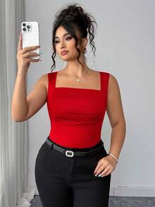 Elenzga Plus Size Summer Casual Solid Color Square Neck Knit Tank Top - Red - View 1