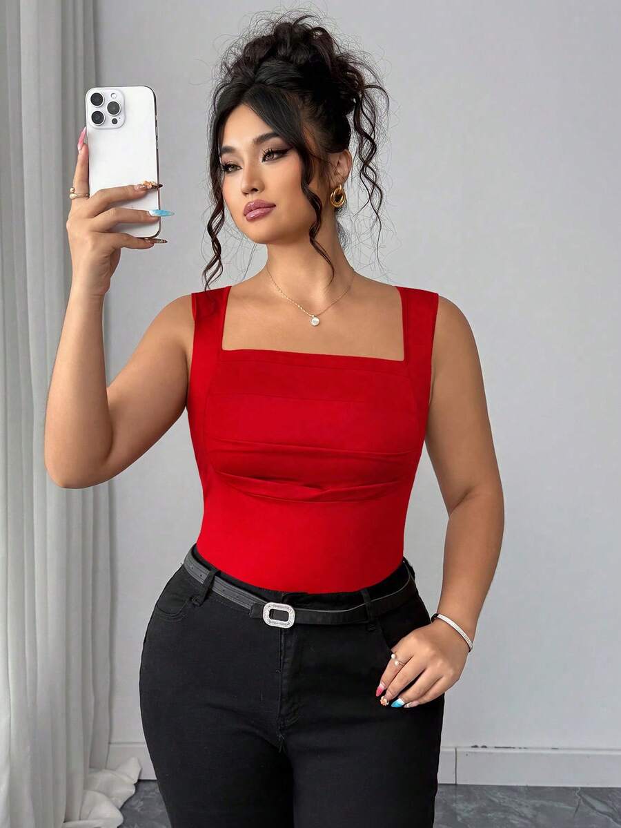 Elenzga Plus Size Summer Casual Solid Color Square Neck Knit Tank Top - Red - View 1