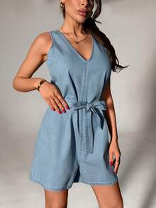 SHEIN V-Neck, Sleeveless Light Blue, Washed Denim Short Jumpsuit With Belted, Denim Overalls - Light Wash - View 6