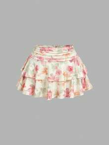 SHEIN MOD Plus Size Women's Pink Floral Summer Boho Vacation Holiday 2-Piece Set,Metal Decor Spaghetti Strap Tank Top And Ruffle Layered Mini Skirt Outfits - Multicolor - View 9