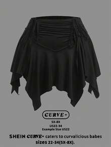 SHEIN CURVE+ Chân váy/quần short cỡ lớn, cạp chun, dây rút phía trước, vạt bất đối xứng. - màu đen - Xem 3