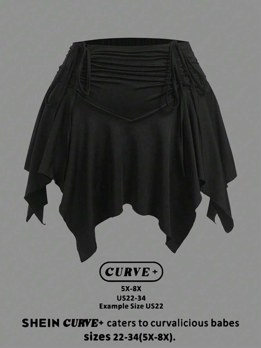SHEIN CURVE+ Plus Size Elastic Waist Front Drawstring Asymmetrical Hem Skirt Shorts - Black - View 1