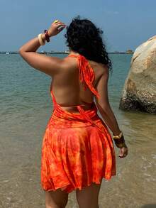 Sunnyshic Plus Size Women's Mesh Printed Neon Orange Halter Neck Sleeveless Mini Dress, Backless, Suitable For Summer Vacation, Beach, Tropical Style - Orange - View 2