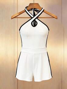 Franclia Women's Elegant Jumpsuit, Minimalist Fashion Sexy Jumpsuit, White/Black Skinny Jumpsuit, Charming Halter Neck Jumpsuit, Suitable For Spring/Summer Wear, Party/Beach Jumpsuit, Millennium Style Jumpsuit, Fitted Knit Jumpsuit - White - View 1