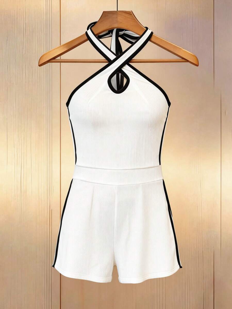 Franclia Women's Elegant Jumpsuit, Minimalist Fashion Sexy Jumpsuit, White/Black Skinny Jumpsuit, Charming Halter Neck Jumpsuit, Suitable For Spring/Summer Wear, Party/Beach Jumpsuit, Millennium Style Jumpsuit, Fitted Knit Jumpsuit - White - View 1
