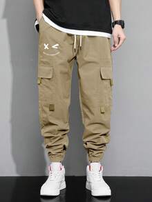 Manfinity Hypemode Loose Men's Expression Print Flap Pocket Drawstring Waist Cargo Pants - Khaki - View 4