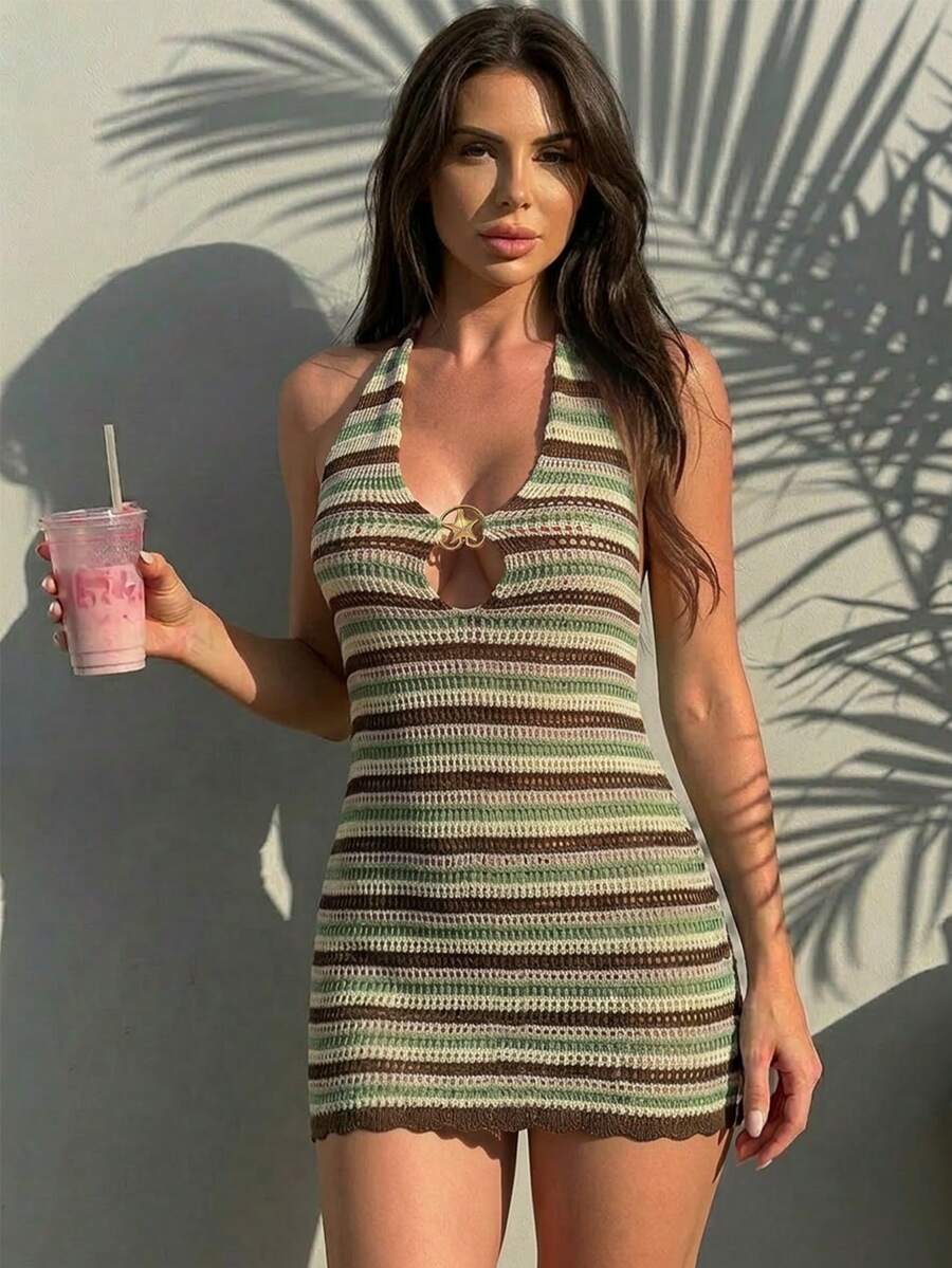 Zyxie Women's Striped Backless Halter Mini Knit Dress - Green - View 1