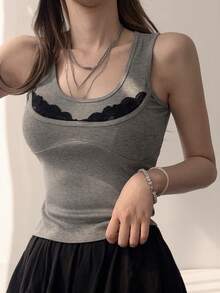 DAZY Women's Contrast Lace Spaghetti Strap Camisole, Fitted Sexy Cami Top - Grey - View 2