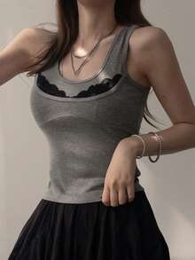 DAZY Women's Contrast Lace Spaghetti Strap Camisole, Fitted Sexy Cami Top - Grey - View 5