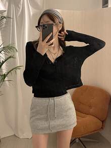 DAZY 女士休闲宽松圆领开襟T恤衫（夏季款） - 黑色 - 查看 7