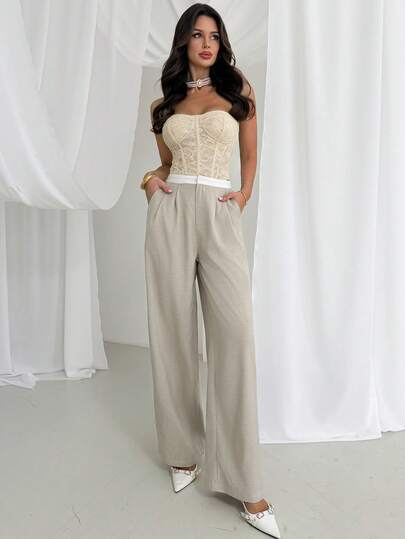 Firerie Women's Casual Elegant Waist Splicing Suit Pants, Suitable For Work And Commute