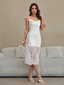 HautHeat Women's Lace Patchwork High Slit Slip Dress - White - View 7
