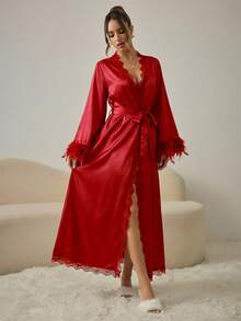 HautHeat 女士V领蕾丝交叉蝴蝶结羽毛装饰休闲家居服睡袍 - 紅色 - 查看 4