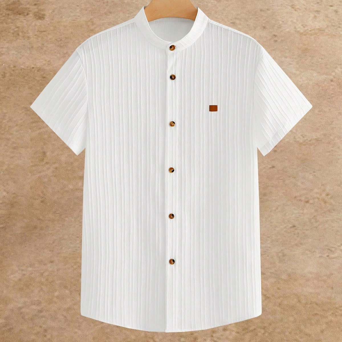 Camisa de manga corta de cuello redondo y de una sola hilera de botones para hombre