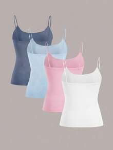 Comfortcana 4pcs/Set Casual Solid Color Versatile Haze Blue, Sky Blue, Pink, White All-Match Camisole Suitable For Beach, Party, Vacation, Spring/Summer - Multicolor - View 2