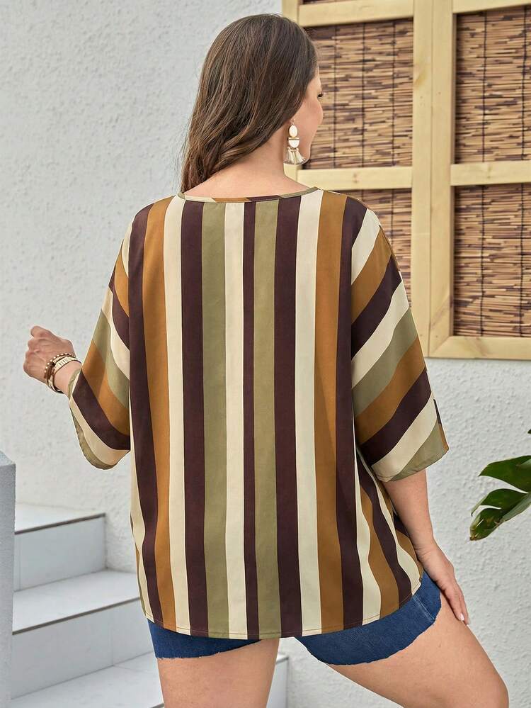 Plus Size Women Summer Casual Vacation Colorblock Striped Print V-Neck Batwing Sleeve Loose Blouse Summer Blouses For Women Batwing Sleeve Top Stripe Top Striped Blouse
