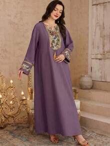 Al Najma 女士春夏3D立体花卉缎带领束腰上衣和传统阿拉伯长裙 - 紫色 - 查看 5