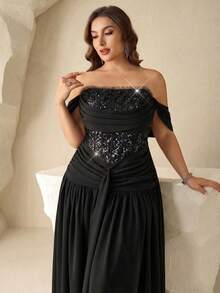 Coutiva Plus Size Sequin Patchwork Off-Shoulder Formal Evening Gown Plus Size Off Shoulder Evening Gown Sequin Corset Formal Maxi Dress Elegant Ruched Waist Banquet Dress Off Shoulder Bardot Neckline Sparkle Sequin Embroidered Bodice High Waist A Line Silhouette Formal Evening Banquet Wedding Reception Party Elegant Sophisticated Classic Solid Black - Black - View 6