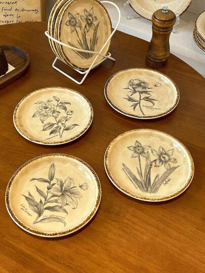 4 Pieces Of Retro Style Multifunctional Ceramic Plates, Dessert Plates, Ceramic Materials, Home Desktop High Aesthetic Desktop Ornaments, Storage Plates, Dining Plates, Fruit Snacks, Retro Charm
