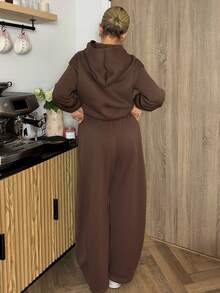 Bethéva Bộ áo hoodie lót giữ nhiệt và quần nỉ dáng rộng thoải mái cho nữ mùa thu/đông - màu nâu - Xem 2