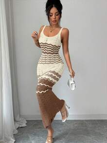 Elenzga Đầm hai dây dài ôm sát dành cho nữ, màu kem vàng, kiểu dáng thanh lịch, kẻ sọc, không tay, hàng mới về mùa xuân/hè. - Nhiều màu - Xem 4