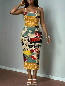 Slaydiva 大码女式字母和图案印花修身吊带连衣裙，休闲女式连衣裙，摇滚风连衣裙，图案连衣裙，紧身连衣裙，海报连衣裙，女装连衣裙，纽约迷彩女式连衣裙，女士连衣裙 - 彩色 - 查看 6